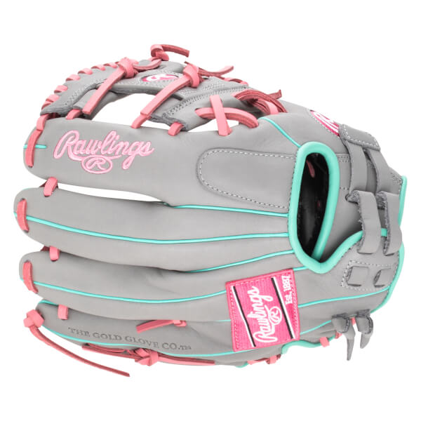 Front view of a gray Rawlings baseball glove with pink laces and teal trim.