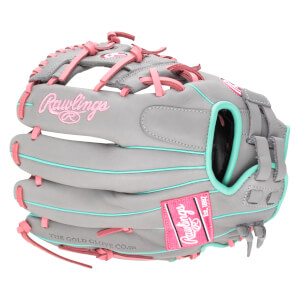 Front view of a gray Rawlings baseball glove with pink laces and teal trim.