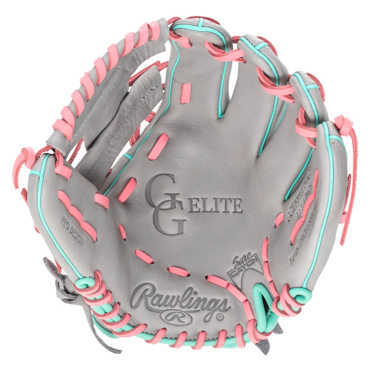 Top-down view of a grey baseball glove with pink and teal lacing, featuring "Rawlings" and "GGE ELITE" logos.
