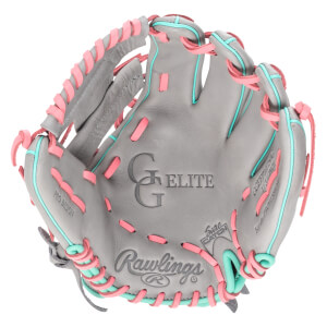 Top-down view of a grey baseball glove with pink and teal lacing, featuring "Rawlings" and "GGE ELITE" logos.