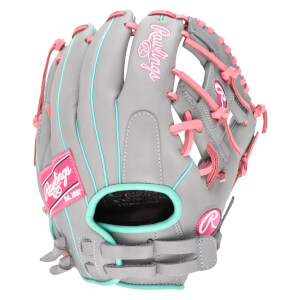 Front view of a gray Rawlings baseball glove with pink laces and teal trim, featuring a pink Rawlings patch.
