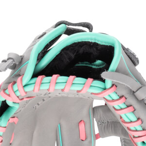 Close-up view of a grey baseball glove with teal and pink lacing and a black interior.