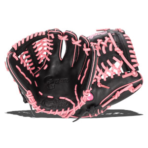 Front view of a black Rawlings Elite G baseball glove with bright pink lacing and "PRO DESIGN" text.