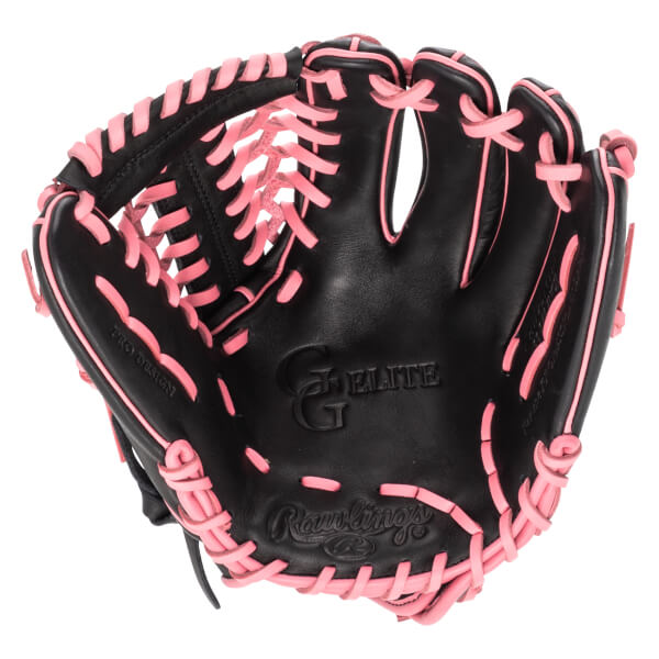 Top-down view of a black baseball glove with bright pink lacing and the Rawlings logo.