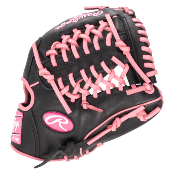 Front view of a black baseball glove with pink laces, a pink Rawlings logo, and "EST. 1887" text.