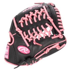 Front view of a black baseball glove with pink laces, a pink Rawlings logo, and "EST. 1887" text.