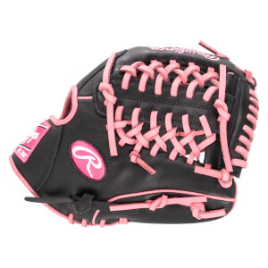 Side view of a black baseball glove with pink lacing and a pink Rawlings logo.