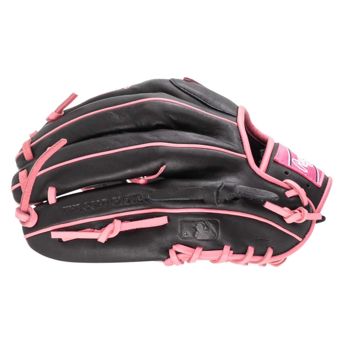 Side view of a black baseball glove with pink lacing and trim, featuring "THE GOLD GLOVE" text and an MLB logo.