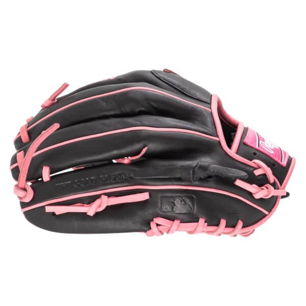 Side view of a black baseball glove with pink lacing and trim, featuring "THE GOLD GLOVE" text and an MLB logo.