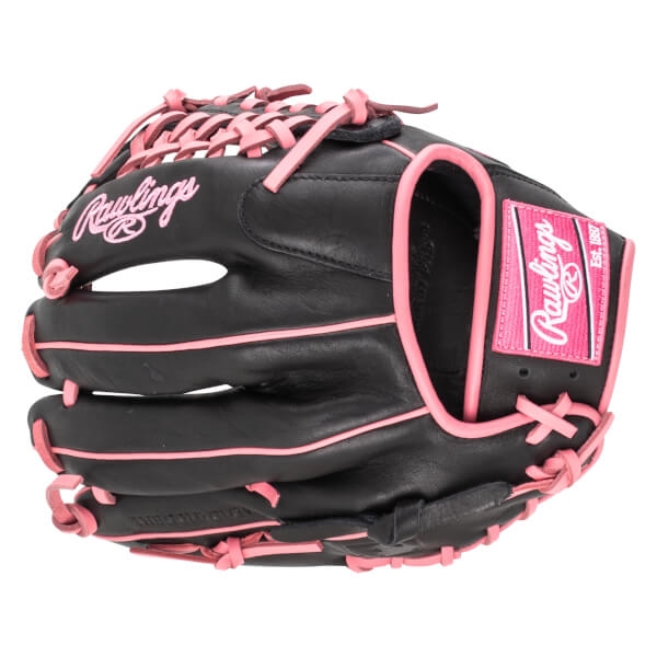 Front view of a black Rawlings baseball glove with pink lacing and trim, featuring a pink Rawlings patch.