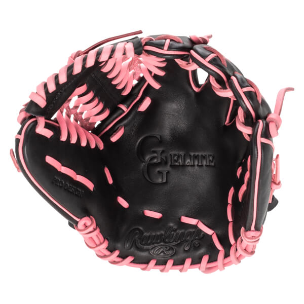 Top-down view of a black baseball glove with pink lacing, showing "Rawlings" and "PRO DESIGN" text.
