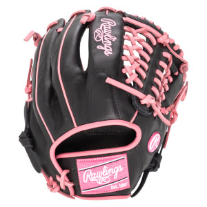 Front view of a black baseball glove with pink lacing and a pink Rawlings logo patch.