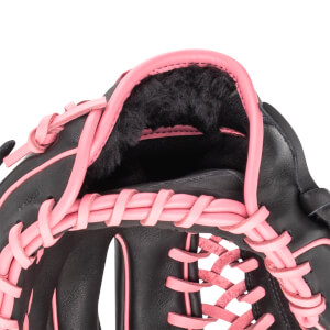 Close-up of a black baseball glove with bright pink lacing and a fuzzy black interior lining.
