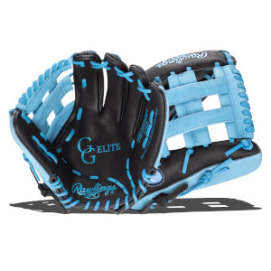 Front view of a black and light blue Rawlings GGE120HBCRPT Elite baseball glove with "PRO DESIGN" and "Rawlings" logos.