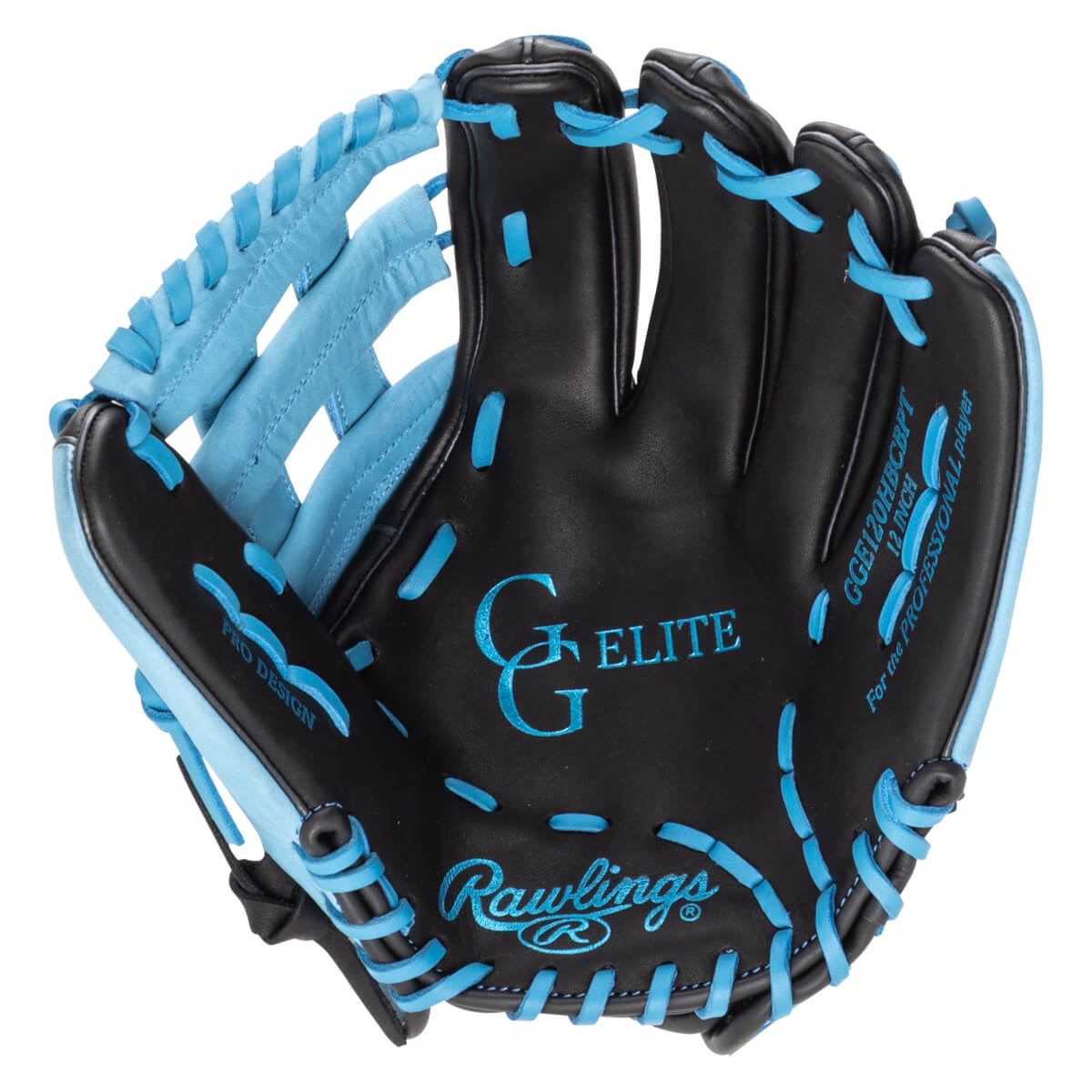 Top-down view of a black baseball glove with bright blue lacing, showing the "Rawlings" logo and "G ELITE" text.