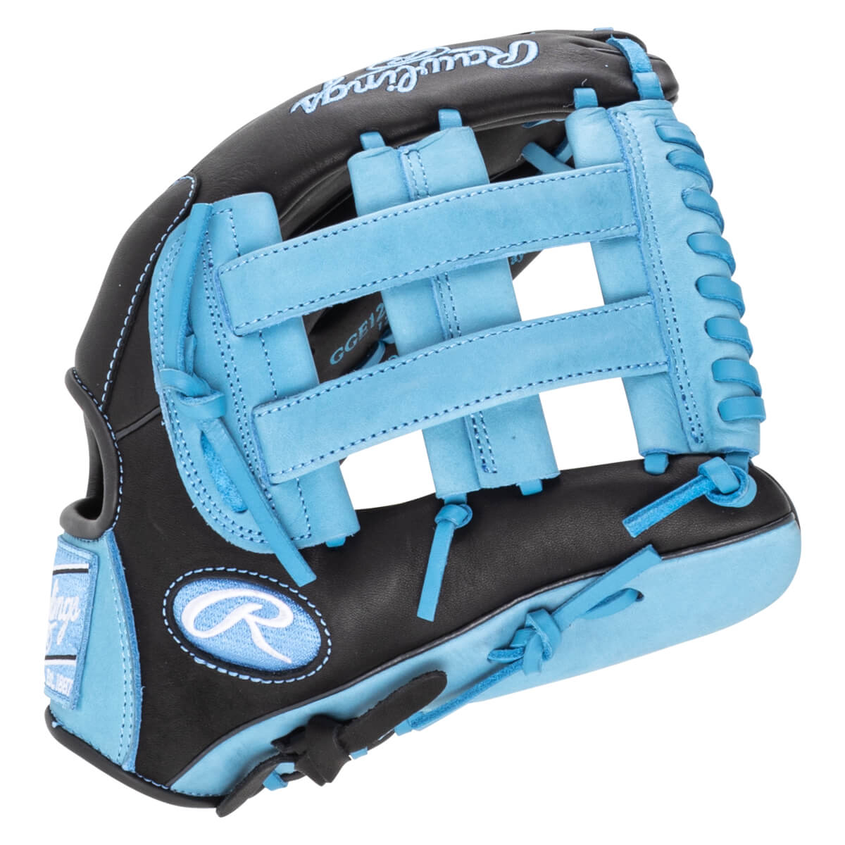 Front view of a black and light blue Rawlings baseball glove with a "Rawlings" logo and "GGE12" visible.