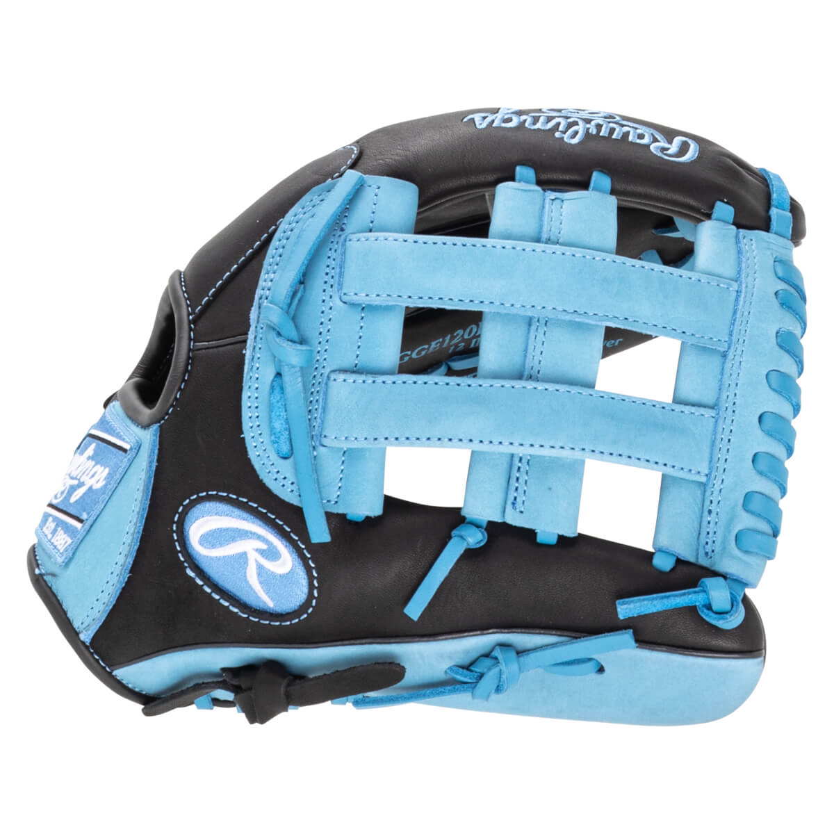 Side view of a black and light blue Rawlings baseball glove with a "Rawlings" logo and "R" emblem.