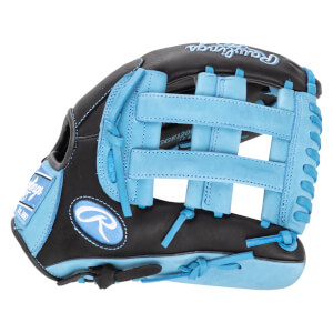 Side view of a black and light blue Rawlings baseball glove with a "Rawlings" logo and "R" emblem.