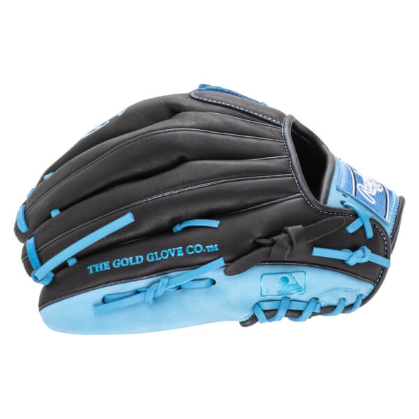 Side view of a black baseball glove with light blue lacing and accents, showing "THE GOLD GLOVE CO.â„¢" text.