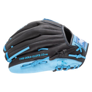 Side view of a black baseball glove with light blue lacing and accents, showing "THE GOLD GLOVE CO.â„¢" text.