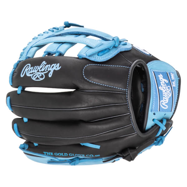 Front view of a black and blue Rawlings baseball glove with "Rawlings" and "The Gold Glove Co." visible.
