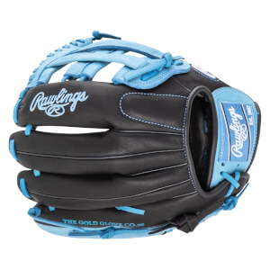 Front view of a black and blue Rawlings baseball glove with "Rawlings" and "The Gold Glove Co." visible.