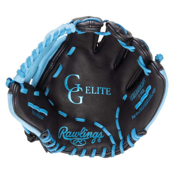 Top-down view of a black baseball glove with bright blue laces and stitching, featuring "G ELITE" and "Rawlings" logos.