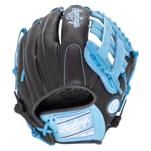 Front view of a black and blue Rawlings baseball glove with "Rawlings" logo and "Est. 1887" visible.