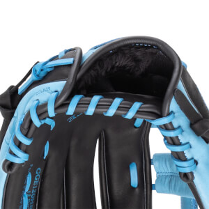 Close-up of a black and blue baseball glove showing the EOLK29 model number and blue lacing.
