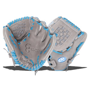 Front view of a grey Rawlings baseball glove with bright blue lacing and "GG ELITE" embossed on the palm.