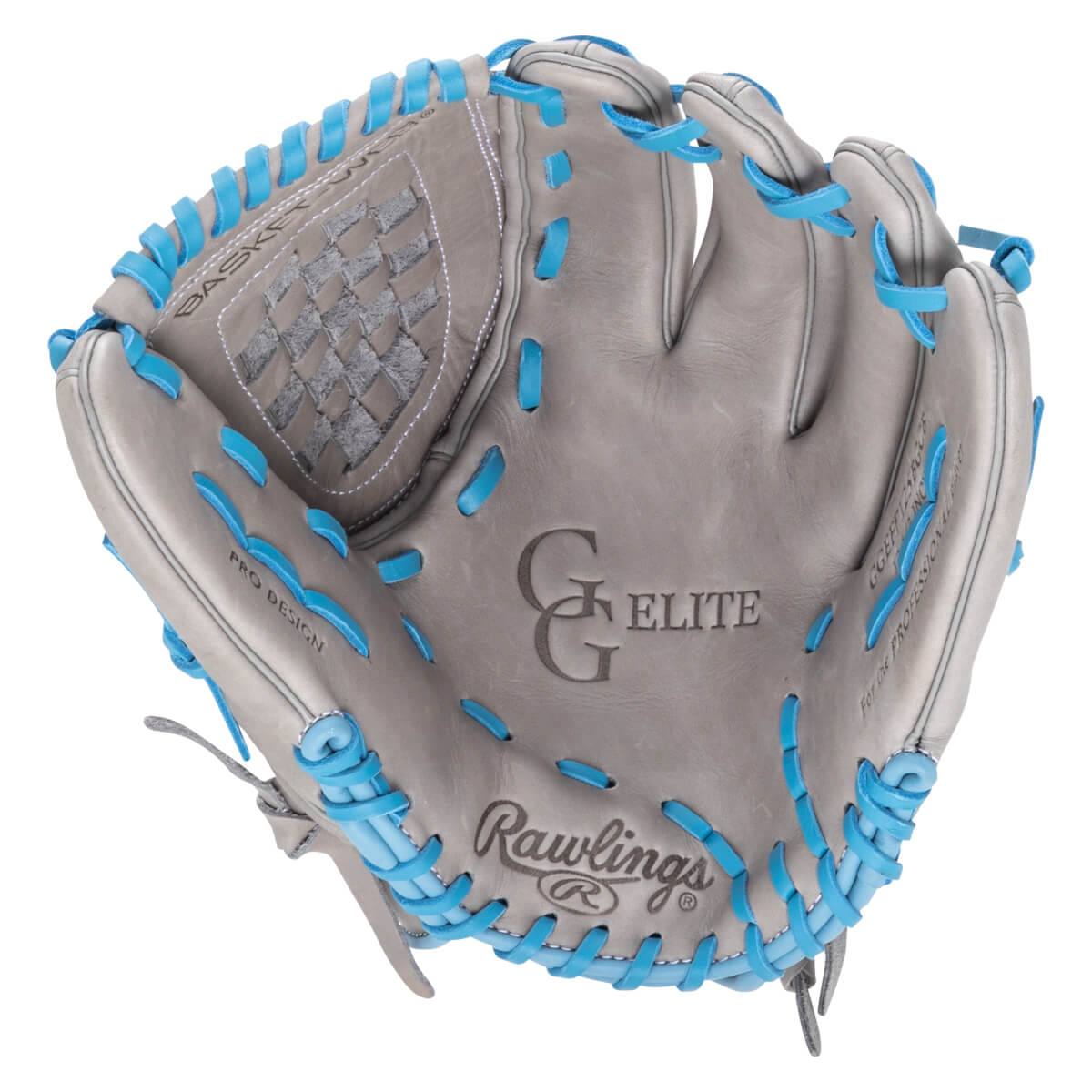 Top-down view of a gray Rawlings baseball glove with bright blue lacing and "GG ELITE" embossed on the palm.