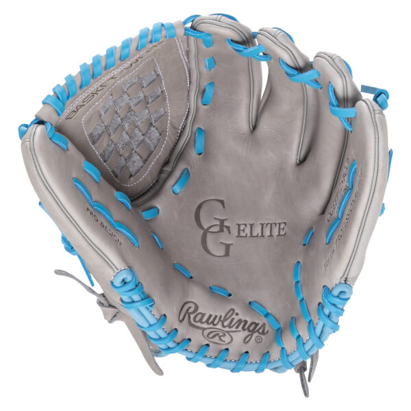 Top-down view of a gray Rawlings baseball glove with bright blue lacing and "GG ELITE" embossed on the palm.