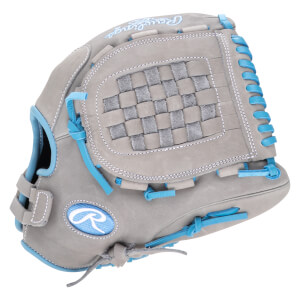 Front view of a grey baseball glove with blue lacing and a woven palm detail, featuring the Rawlings logo.