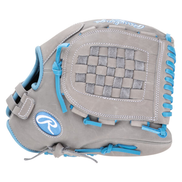 Side view of a gray baseball glove with blue lacing and a woven palm detail.
