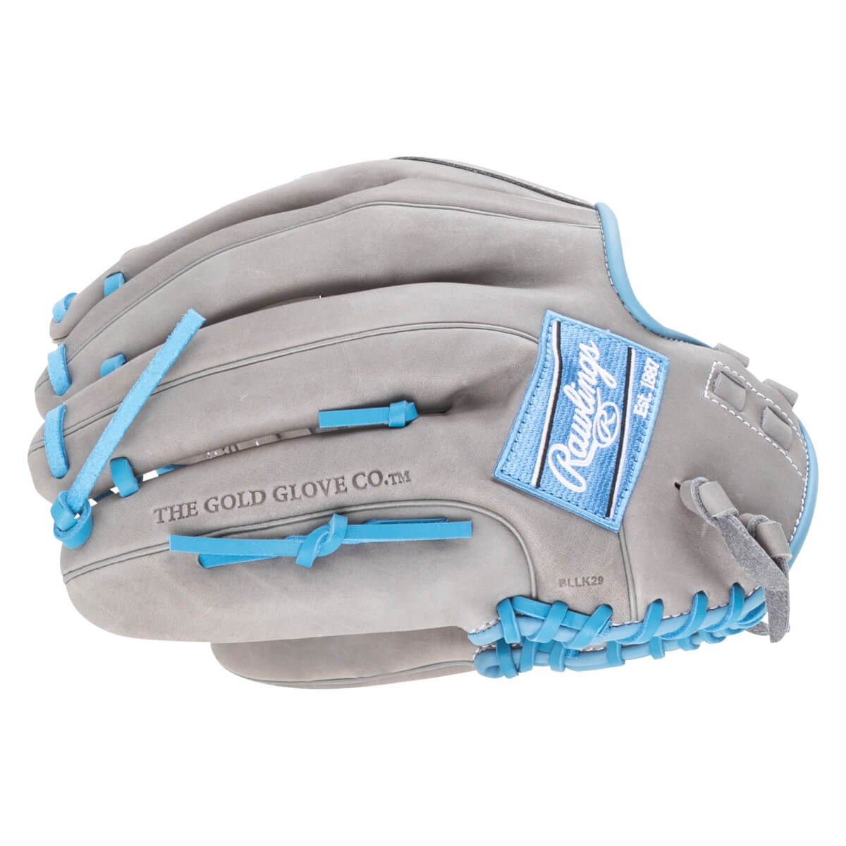 Side view of a gray baseball glove with bright blue laces and Rawlings logo patch.