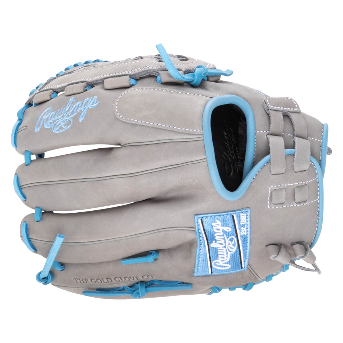Front view of a grey Rawlings baseball glove with light blue laces and stitching, featuring a Rawlings logo patch.