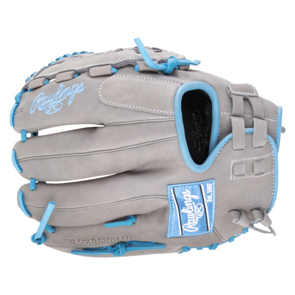 Front view of a grey Rawlings baseball glove with light blue laces and stitching, featuring a Rawlings logo patch.
