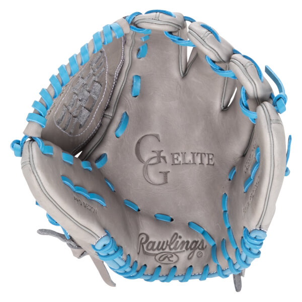 Top-down view of a gray baseball glove with bright blue lacing, showing "Rawlings" and "PRO DESIGN" text.