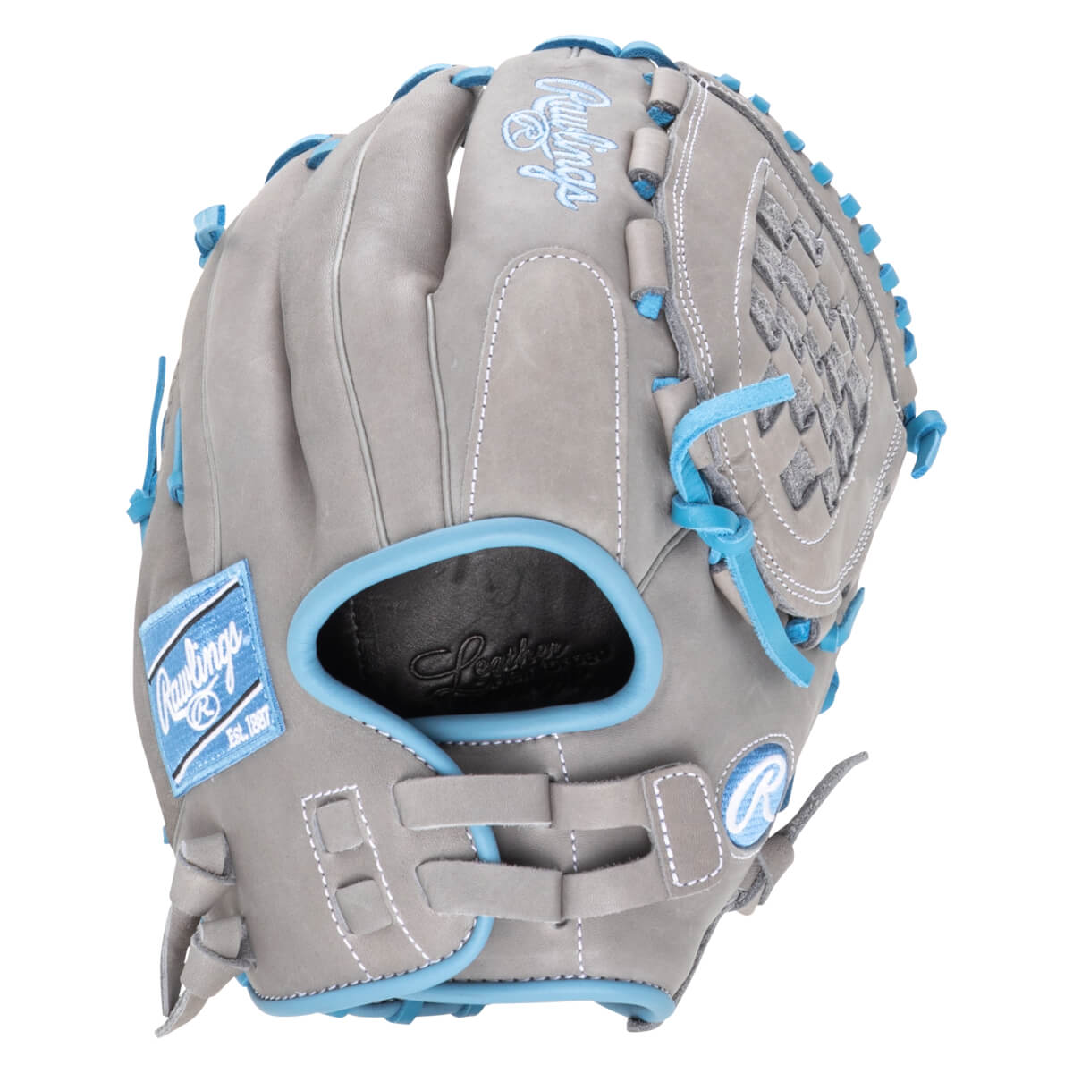 Front view of a gray Rawlings baseball glove with blue lacing and a "Rawlings Est. 1887" patch.