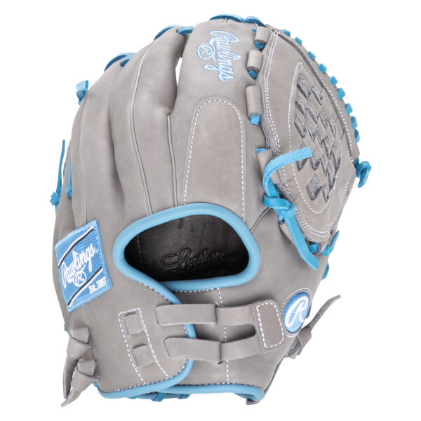 Front view of a gray Rawlings baseball glove with blue lacing and a "Rawlings Est. 1887" patch.