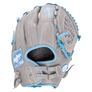 Front view of a gray Rawlings baseball glove with blue lacing and a "Rawlings Est. 1887" patch.