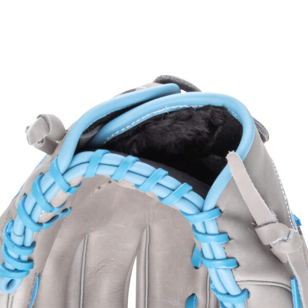 Close-up of a gray baseball glove with bright blue lacing and black fur lining.