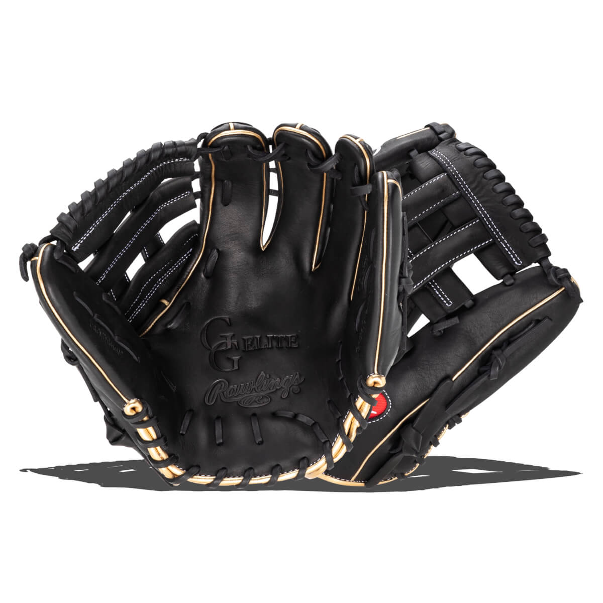 Interior view of a black Rawlings Elite baseball glove with gold trim and white stitching.