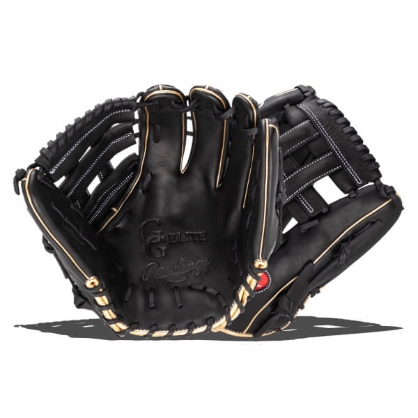 Interior view of a black Rawlings Elite baseball glove with gold trim and white stitching.