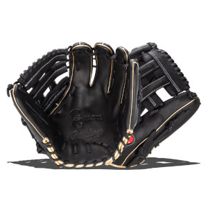 Interior view of a black Rawlings Elite baseball glove with gold trim and white stitching.