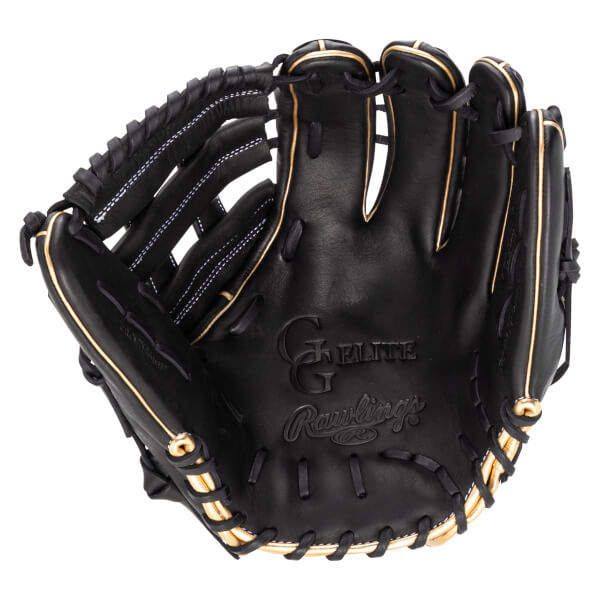 Top-down view of a black Rawlings Elite baseball glove with gold trim and white stitching.