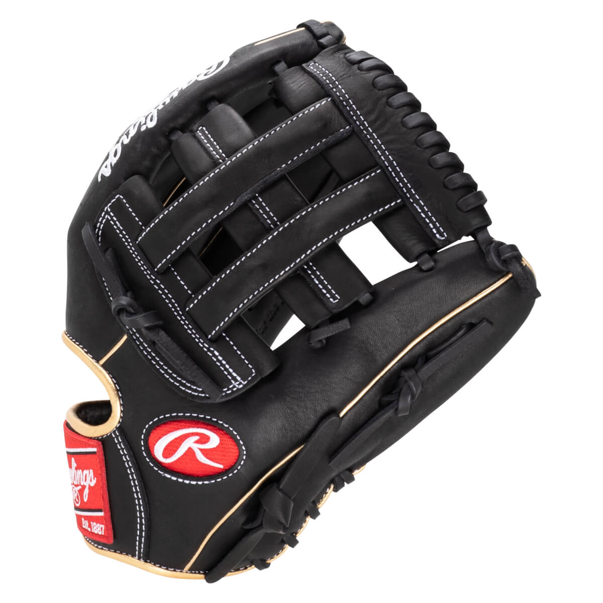Front view of a black Rawlings baseball glove with white stitching and a red logo.