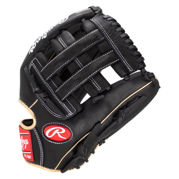 Front view of a black Rawlings baseball glove with white stitching and a red logo.