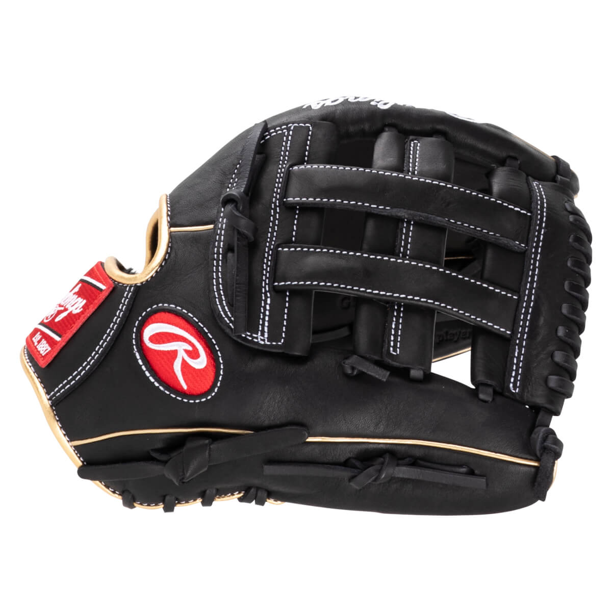 Front view of a black Rawlings baseball glove with white stitching, a red Rawlings logo patch, and gold trim.