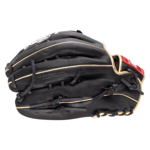 Side view of a black baseball glove with gold trim and a red accent on the wrist strap.